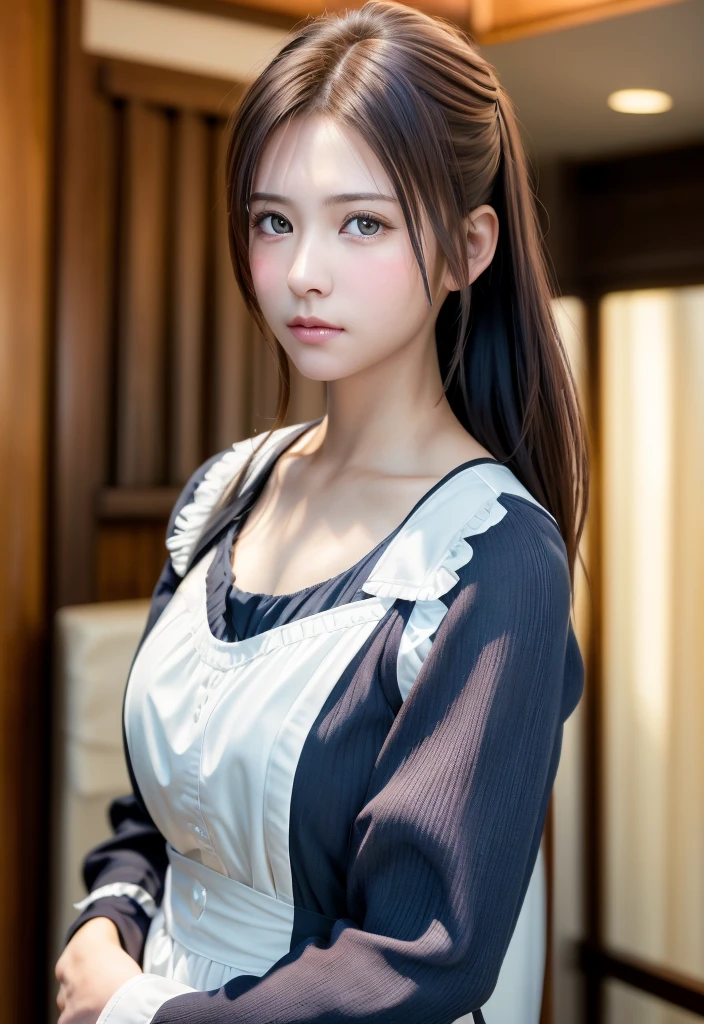 8K, of the highest quality, masutepiece:1.2), (Realistic, Photorealsitic:1.37), of the highest quality, masutepiece, Beautiful young woman, Pensive expression, Thoughtful look, Cute Maid Clothes, Hair tied back, Messy mood, Cinematic background, Tired, Light skin tone