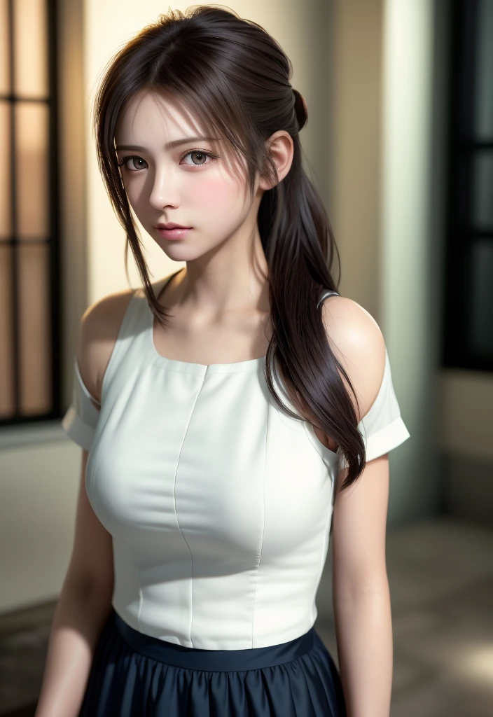 8K, of the highest quality, masutepiece:1.2), (Realistic, Photorealsitic:1.37), of the highest quality, masutepiece, Beautiful young woman, Pensive expression, Gentle eyes, Apron naked、Lovers、Hair tied back, Messy mood, Cinematic background, Light skin tone
