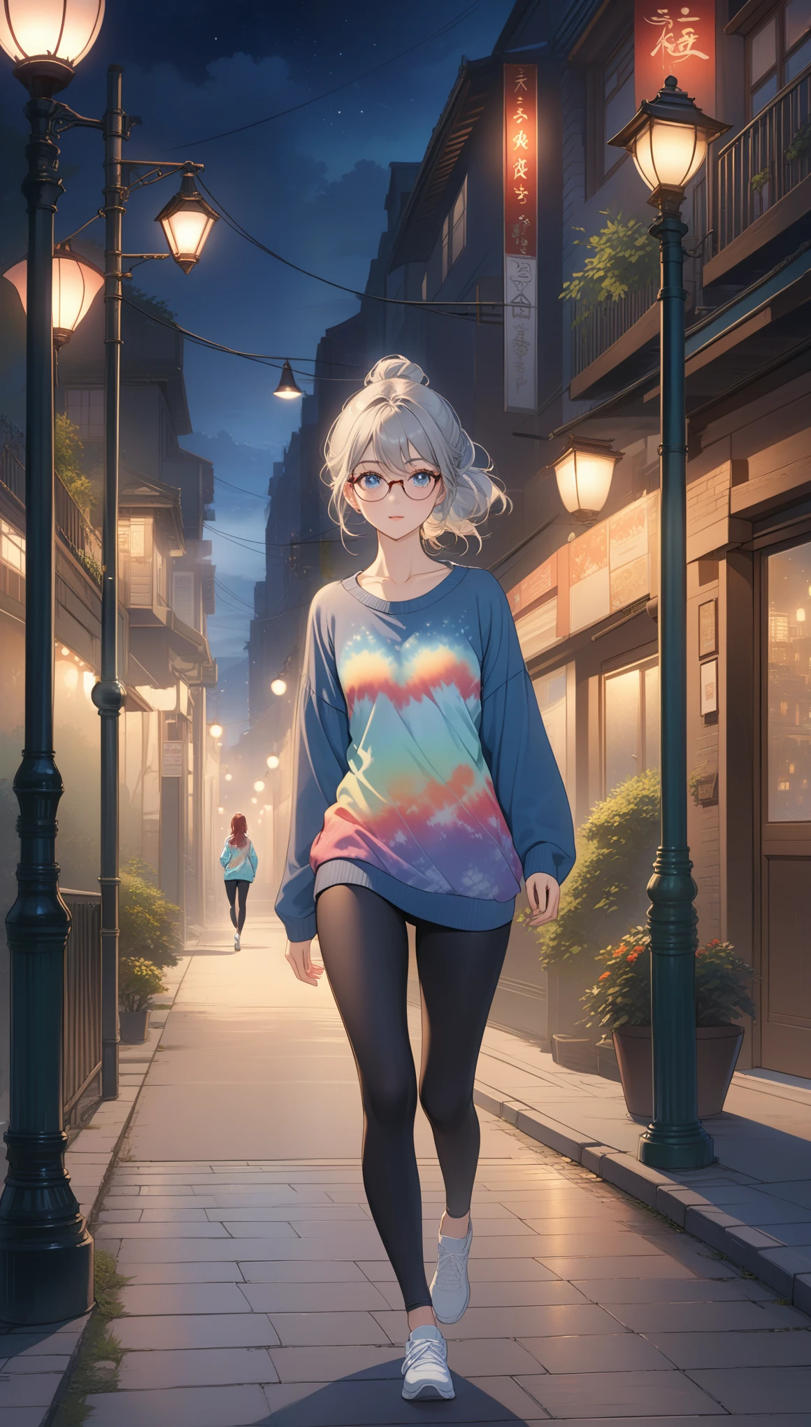 best quality, masterpiece, light, complex, cinematic detailed Practical background, Delicate face, whole body, Small Breasts, Practical, Clear lines, , , 1 girl jogging, city View, night, Tie-Dye Shirt, Looking at the audience, Tattoo, Model pose, Cardigan sweater, The eyes have rings, Street Lights, lamp post, Yoga Pants, Variegated hair, Glasses,, ,