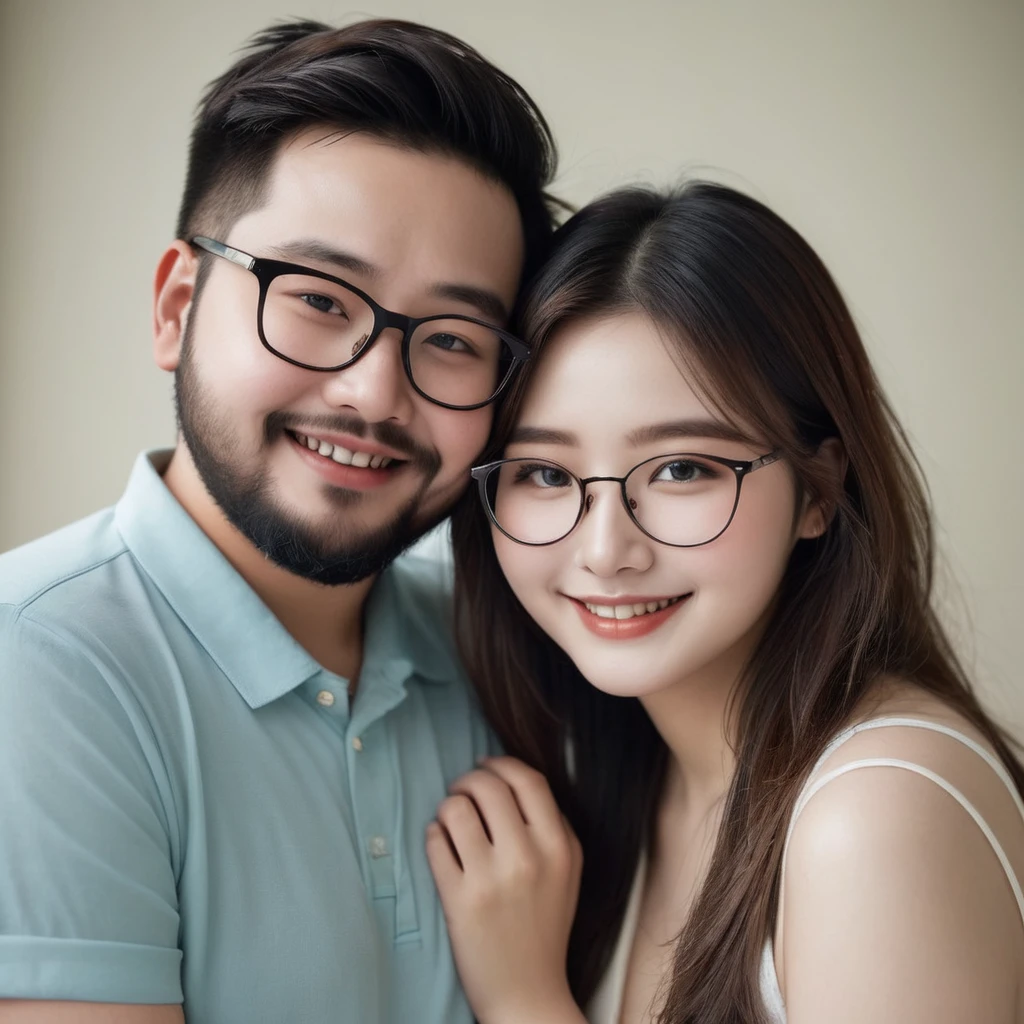 Couple、Embrace each other、A fat man with glasses and a beard、Sexy beauty 20 years old、smile