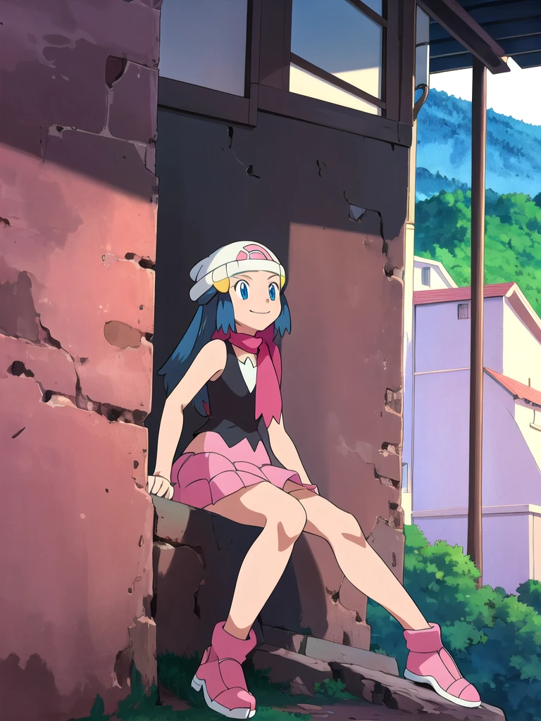 masterpiece, Highest quality, High resolution, One girl, alone, dawn (Pokemon), Pink scarf, Black Shirt, Pink Skirt, Have, Outdoor, Bare shoulders,smile