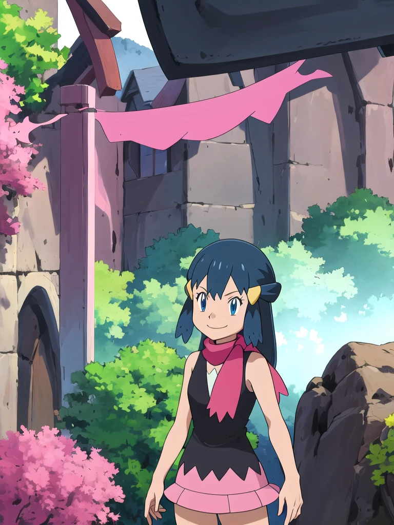 masterpiece, Highest quality, High resolution, One girl, alone, dawn (Pokemon), Pink scarf, Black Shirt, Pink Skirt, Have, Outdoor, Bare shoulders,smile