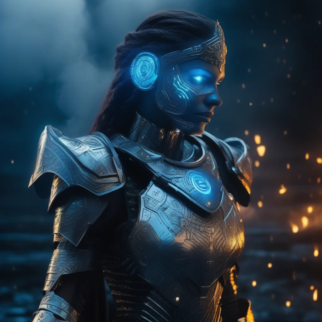 Beautiful medival-styled cyborg warrior woman,, glowing runic armor, glwoing runes engraved into the armor, cyberpunk rise, Cyber Software, lewd Cybernetic plate armor, (dark atmosphere:1.2), (fog & Smoke billowing), (It&#39;s dark night:1.3), The scars, (medium length shaggy dark hair:1.1), (eye shadows:1.1), (beautifully detailed glitter:1.2), (cinematic lighting), intricate details, A high resolution, rounded eyes, Detailed facial features, sharp focus, seeds, aesthetic, cleavage cutout, deep cleavage, very-large breasts, exposed underboob, underboob armor cutout, exposed her midriff, partial-nudity, rating: nsfw, Rating: mature, Detailed dark foundry background, Stylish poses, dynamicposes, (dramapaint), beautiful elegant face, flowing natural brunette hair,