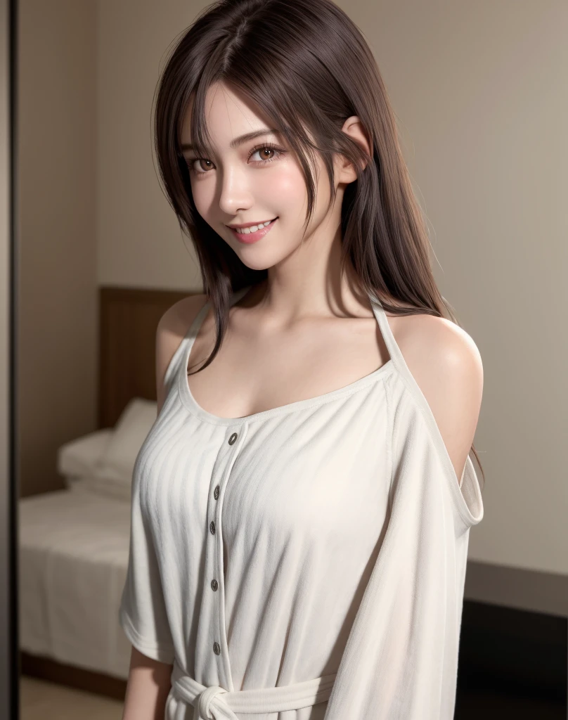 (Best Quality), (masutepiece), (High resolution), (Intricate details:0.2),(Professional Lighting), dressing gown, Detailed background, Oversized black T-shirt, off shoulders, (Previous view), 1girl in, Solo, (Beautiful face), Slim body, Fine skin, Smile, Sauvage's brown hair, Beautiful eyes, look at at viewer,