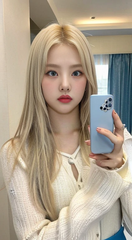 blonde-haired girl holding a remote control in her hand with light blue eyes , sun yunjoo, lalisa manobal, roseanne park by blackpink, 8k selfie photography, leaked image, Lt. Ayami Kojima, jinyoung shin, Ava Max, Lalisa Manoban of Blackpink, jaeyeon nam, heonhwa choe, taken in the early 2020s