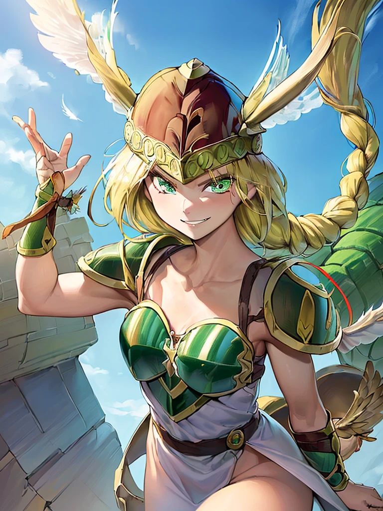 masterpiece,best quality, 1girl, 18yo, beautiful girl,BREAK,(Armor:1.8),(Helmet with wings:1.7),(Beautiful blonde,braid,Green Eyes:1.5),BREAK,(smiley, smirk,Troll, determined:1.3),BREAK, (blue sky:1.4),(She flies in the sky:1.5),(She descends from the sky:1.3),