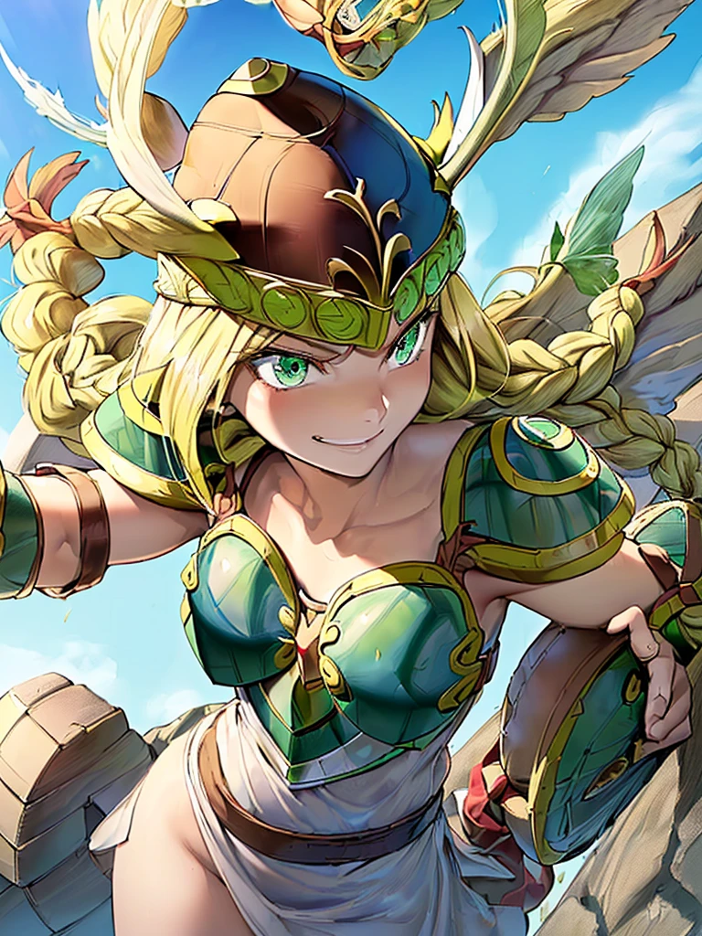 masterpiece,best quality, 1girl, 18yo, beautiful girl,BREAK,(Armor:1.8),(Helmet with wings:1.7),(Beautiful blonde,braid,Green Eyes:1.5),BREAK,(smiley, smirk,Troll, determined:1.3),BREAK, (blue sky:1.4),(She flies in the sky:1.5),(She descends from the sky:1.3),