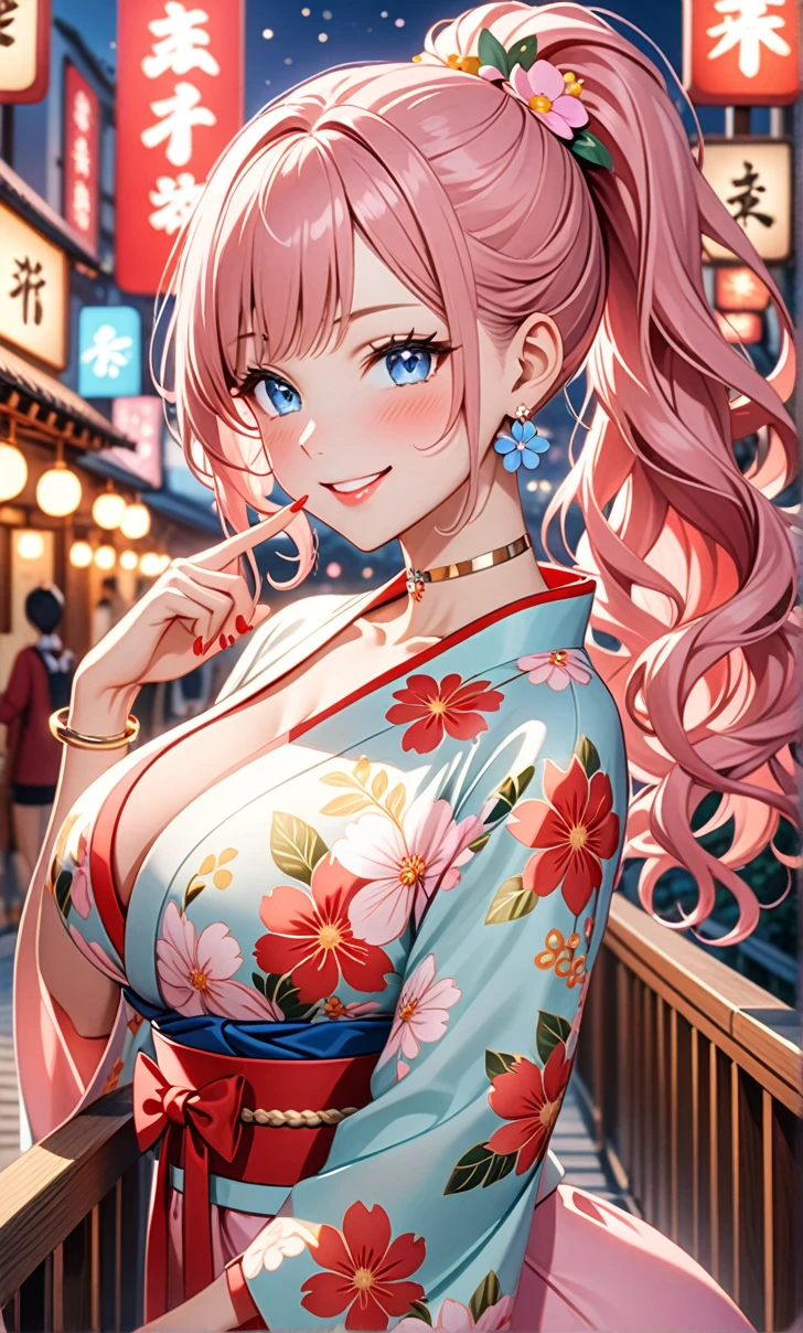 ultra-detailed, ((one girl)), in pastel colors girl, hyper detailed, absurdres, 8K, Beautiful Face, (Laugh shyly), ((teasing smile:1.8)), ((Wink:1.8)), (Laugh with your mouth wide open),(Tilt your head:1.3), ((put index finger on mouth:1.3)), View your viewers, ((Bright red cheeks:1.6)),Glossy Red Lips, ((Big Breasts:1.5)), (valley),night, On Bridge, firework, (Brighten your face), ((Anime style background)),masterpiece, Highest quality, so beautiful,Latest, Complex details, (Pink long nails), (nail art), (ring),(bracelet), (Floral Choker),AI-generated, Complex,High resolution, Highest quality, super high quality,3D Images、3D Images,One person,Pastel pink long hair,(High Ponytail), (wavy hair:1.3), Pastel anime woman posing for a photo, ((Fine grain、blue eyes、glowing eyes:1.4)), (Squint your eyes:1.1),a hyperRealistic , hyperRealistic , Realistic,Anime woman with long pastel pink hair, Smooth anime CG art, A girl in a gorgeous pastel-colored kimono, ((Pastel-colored furisode)),(Pink large floral pattern) ,Long flower hair ornament,Floral Earrings,Mature Body, tall,Abdominal muscles,Tight waist,((arched back:1.9)), (front view),