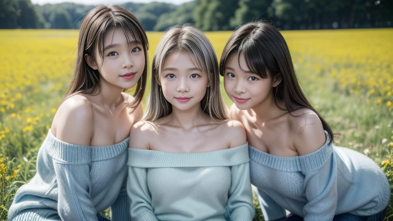 (3 girls), Young faceอินโดนีเซีย, ,smile, white skin, Round breast, blue eyes,Naked, breasts erect.(((round chest))) Masterpiece, Highest quality, 8K, beautiful girl, Young face、 photography, Cute face, thigh,In the meadow, Embarrassing、รอยsmile、((((((อายุ 12 yearsmall waist、Wear a jeans skirt., thighสูง, ((up legs:1.3)),( Naked, breasts erect. เปลือยอก หัวนม (((round chest)))((Busty breasts))Wear a jeans skirt. (((round chest)))