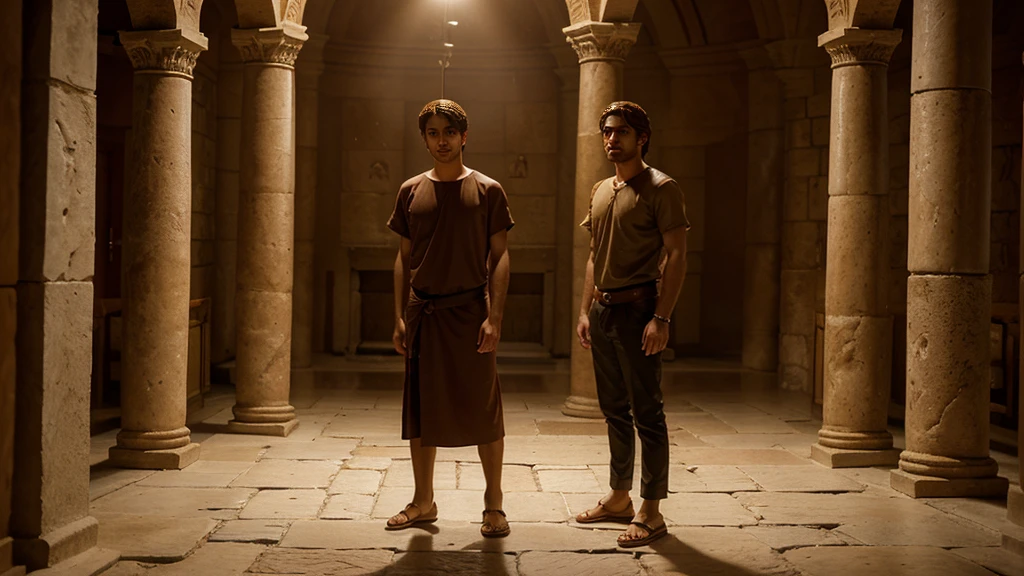 Realistic photo of Daniel, a young Hebrew man from biblical times in Ancient Babylon , In the lion's den, Daniel is the main character, Daniel is standing in the center of Cova, around Daniel some are lying, others are standing, calmos, there are several lions around Daniel
