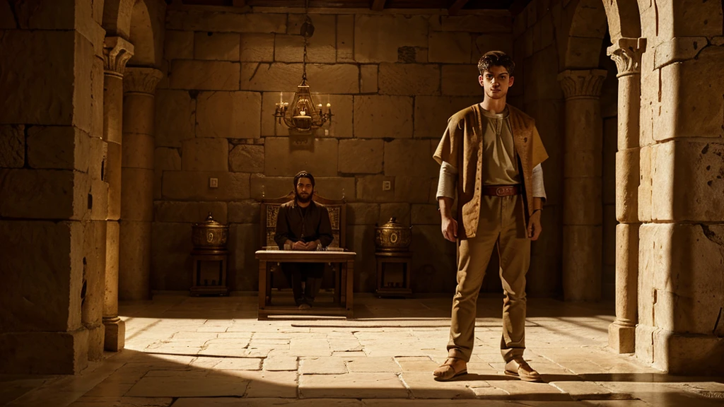Realistic photo of Daniel, a young Hebrew man from biblical times in Ancient Babylon , In the lion's den, Daniel is the main character, Daniel is standing in the center of Cova, around Daniel some are lying, others are standing, calmos, there are several lions around Daniel