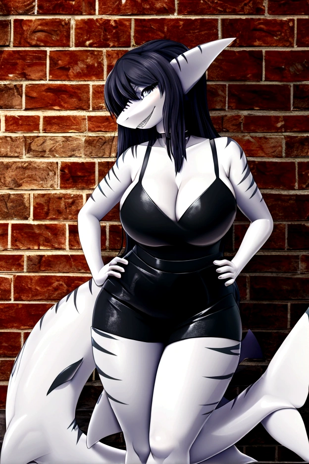 masterpiece, best_quality, ultra-detailed, highres, UHD, 4K, 8K, 1girl, solo, beautiful_and_delicate, anthro, anthromorph, anthro-shark, anime_girl, shark_fin, glossy_skin, white_skin, shark_tail, sharp_teeth, black_dress, cleavage, water_theme, cowboy_shot, full body view