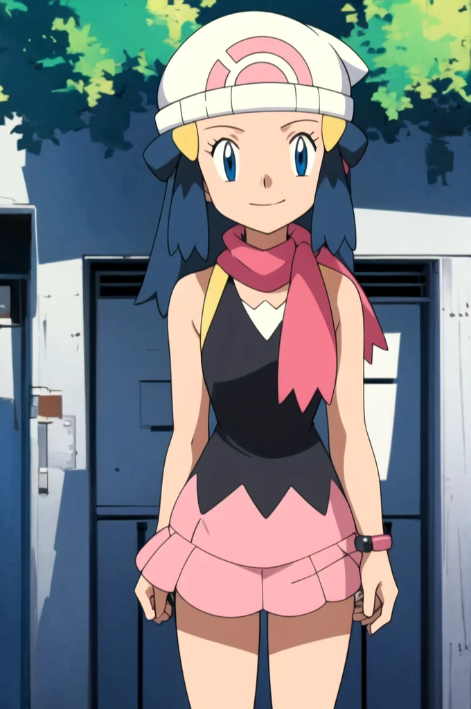 masterpiece, Highest quality, High resolution, One girl, alone, dawn (Pokemon), Pink scarf, Black Shirt, Pink Skirt, Have, Outdoor, Bare shoulders, smile