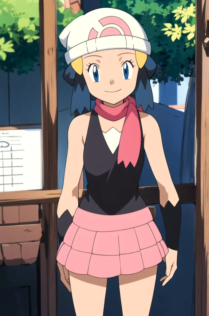 masterpiece, Highest quality, High resolution, One girl, alone, dawn (Pokemon), Pink scarf, Black Shirt, Pink Skirt, Have, Outdoor, Bare shoulders, smile