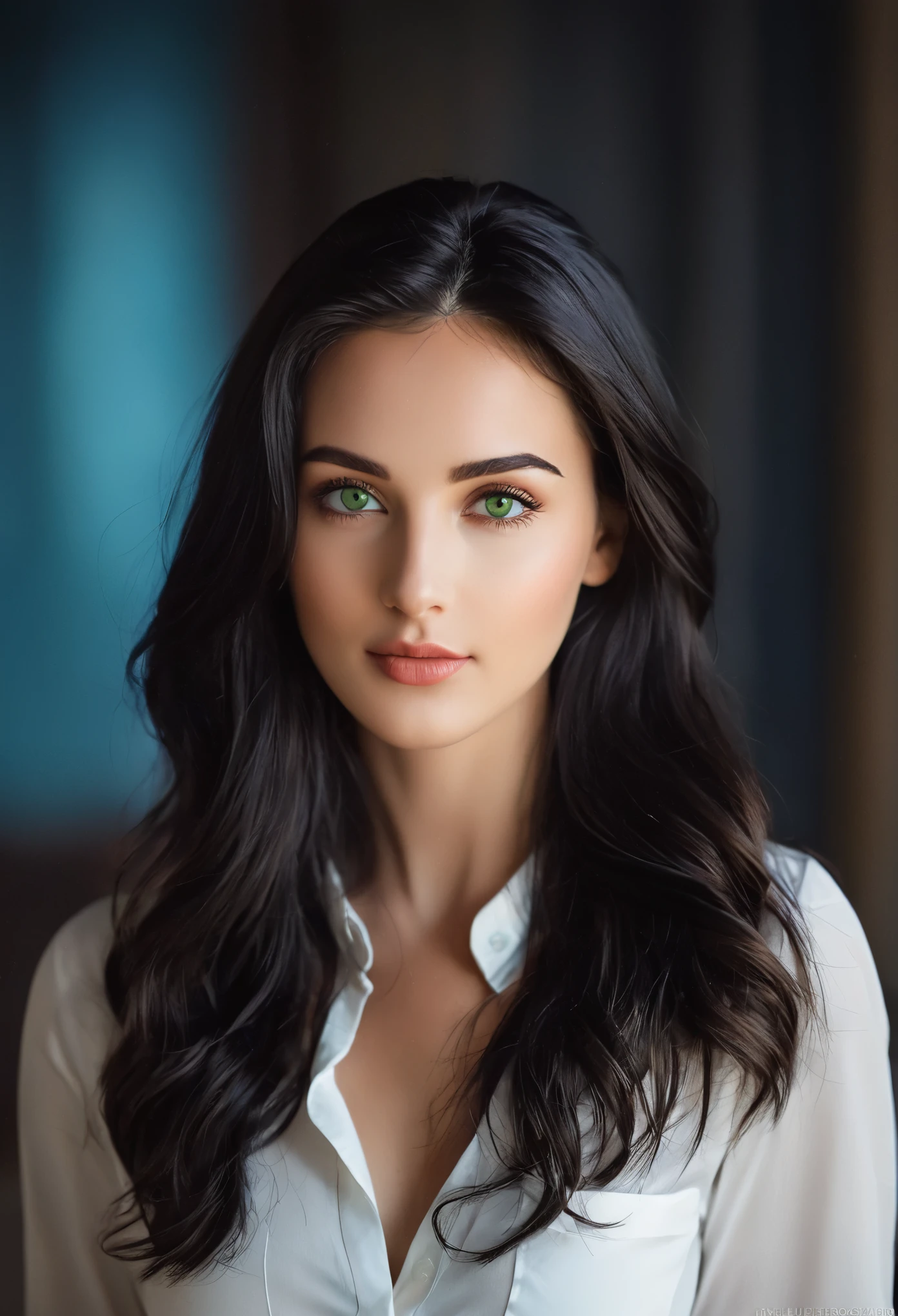 Elegant women RAW photos, 26 years old, Europe, Bright green eyes, Black hair Blurred background, full body plane, Blue Jeans, White shirt, looking at the camera, Cinematic, The finer details, Realistic, Ultra-realistic photos, 8K Ultra HD, Digital SLR, Soft lighting, high quality, Film Grain, Fujifilm XT3, (masterpiece), a beautiful girl in the foreground, (She is half French, and is a stunning beauty with detailed eyes and a high nose:1.1), thick eyebrows, detailed facial features, long graceful neck, flowing locks of hair, poised and elegant posture, dreamy atmosphere, Surrealism, mystical aura, Charlie Bowater,