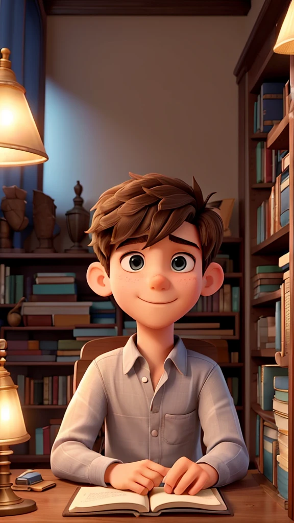 a boy. He is a student. it is in the library of choice. It's night and the light comes from a lamp on the table. He is sitting in a chair and there are some books on the table. closeup