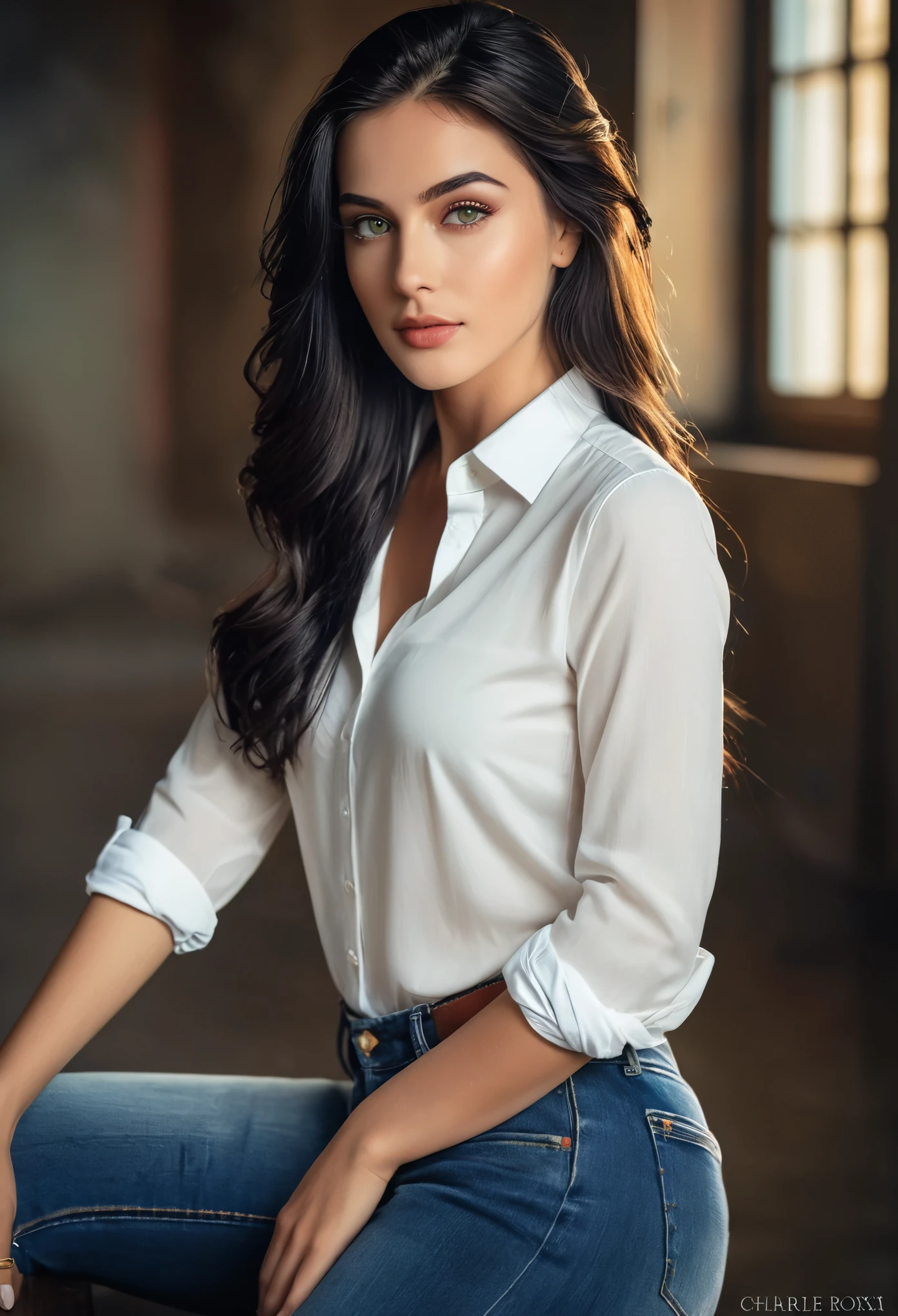 Elegant women RAW photos, 26 years old, Europe, Bright green eyes, Black hair Blurred background, full body plane, Blue Jeans, White shirt, looking at the camera, Cinematic, The finer details, Realistic, Ultra-realistic photos, 8K Ultra HD, Digital SLR, Soft lighting, high quality, Film Grain, Fujifilm XT3, (masterpiece), a beautiful girl in the foreground, (She is half French, and is a stunning beauty with detailed eyes and a high nose:1.1), thick eyebrows, detailed facial features, long graceful neck, flowing locks of hair, poised and elegant posture, dreamy atmosphere, Surrealism, mystical aura, Charlie Bowater,