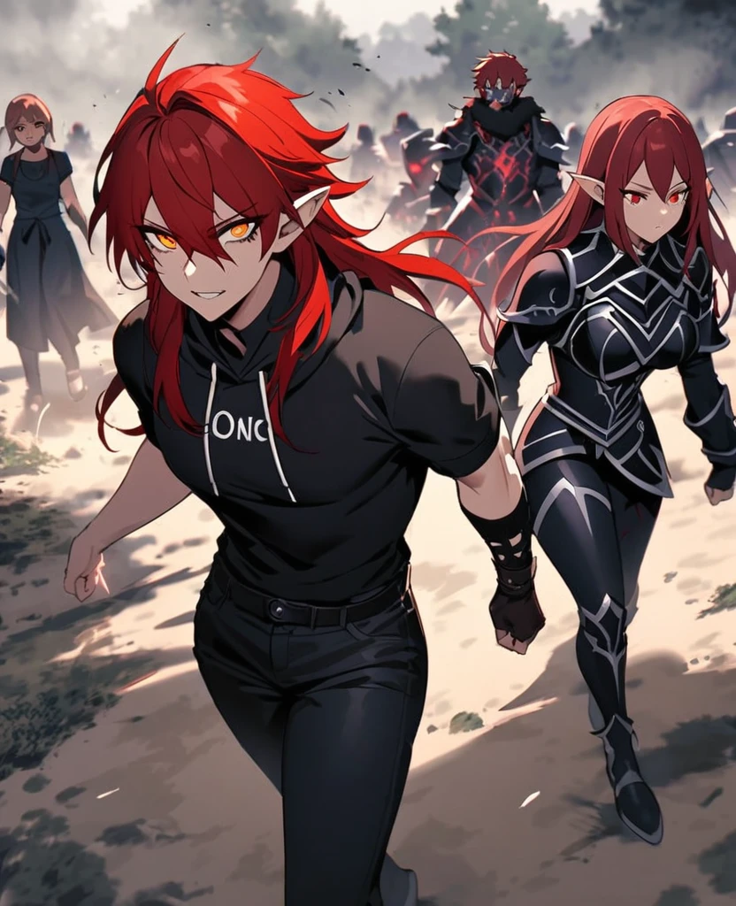 Male,5'4,pierced pointy ears,light skin,red eyes, white ombre long hair half up half down,black albow length fingerless gloves,ripped red short sleeve cropped hoodie,black tight shirt,ripped black jeans,and Female,red hair,orange eyes,curvy,damged battle armour,both walking darl magic,on a battlefield with darkness in their eyes dark magic,on a battlefield with darkness in his eyes as they approach their enemies