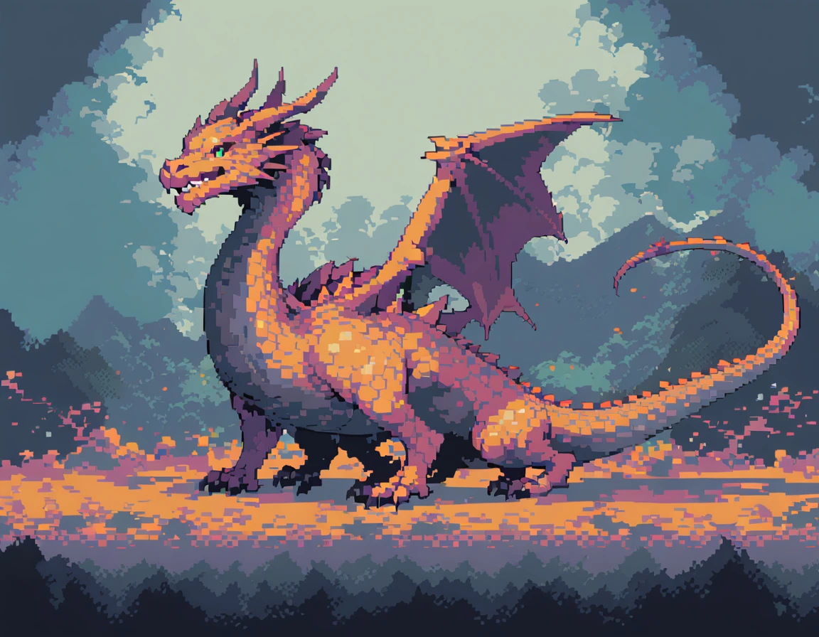 Pixel Art,Pixelated,8 bit,Retro game,Dim colors,Retro Style,Pixel animation,Low resolution，Dark Style，dragon