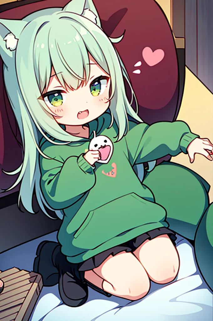 xyzvanellope, 1girl, short, candy,lolipop, hair ornament, bow, striped, (loli:1.6),green hoodie, grin, green, striped pantyhose, breasts, sitting, thick thighs, skirt lift,pussy