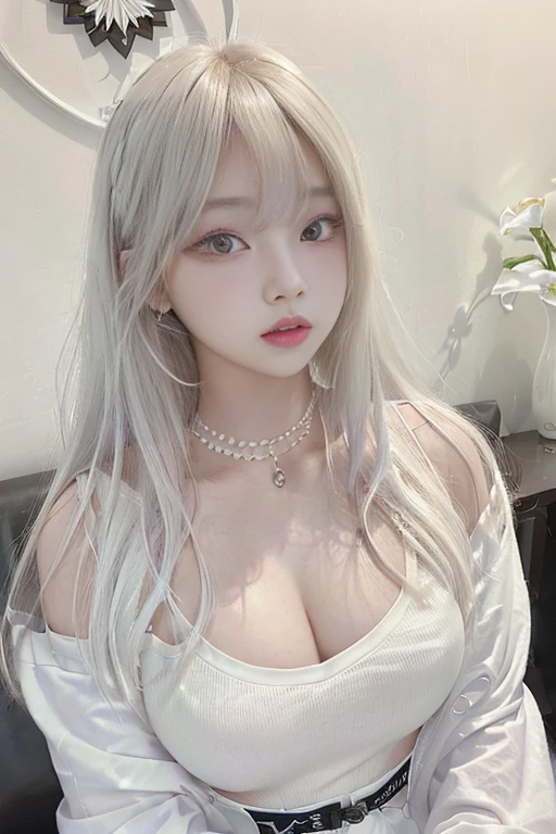 un primer plano de una persona con cabello largo y un collar, Lalisa Manobal, pelo largo y blanco y flequillo, Lalisa Manoban de Blackpink, tzuyu de dos veces, parque roseanne de blackpink, retrato de jossi de blackpink, flequillo blanco, su cabello es blanco, chica perfecta de pelo blanco, chica con pelo blanco, retrato de ídolo coreano femenino, Jaeyeon Nam, jia, gongbi, ulzzang, shaxi, Jinyoung Shin
