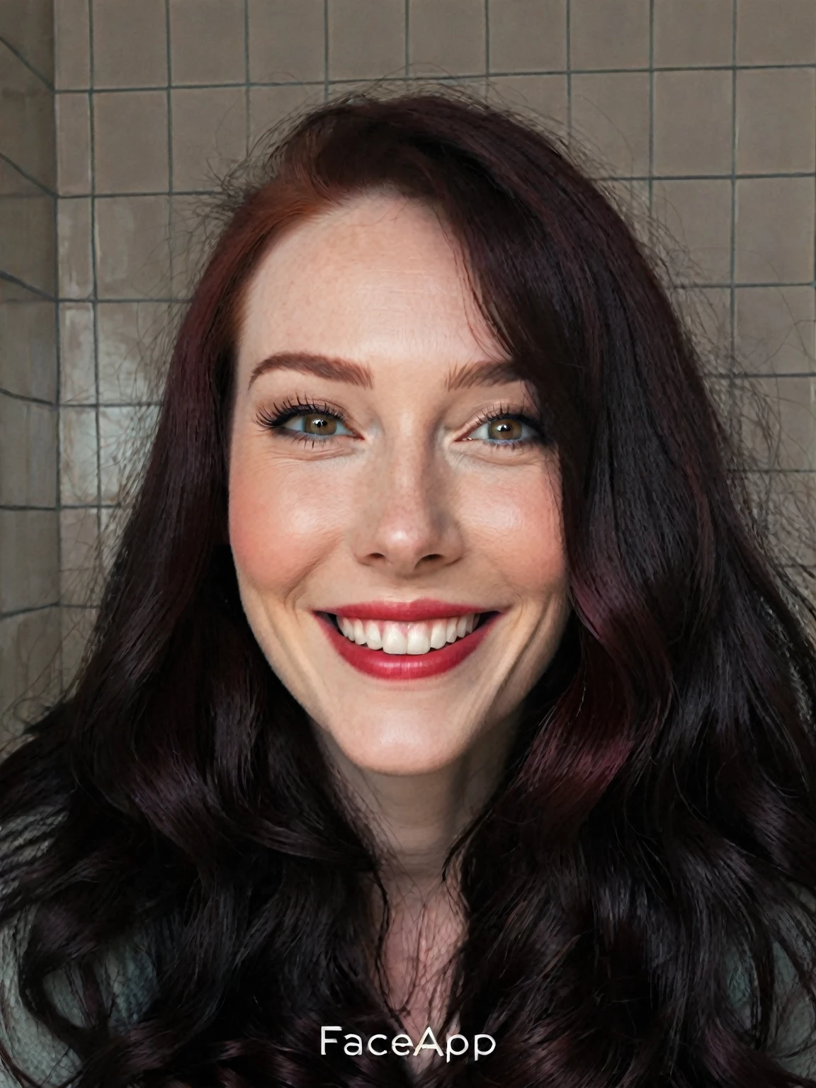 arafed woman with long dark hair and red hair, with pale skin, perfect smile, laughing, profile image, looking to the side off camera, high quality portrait, pale skin and dark eyes, color portrait, looking to the side, portrait image, sultry look, anastasia ovchinnikova, inspired by Jessie Alexandra Dick, headshot profile picture, tiffany dover