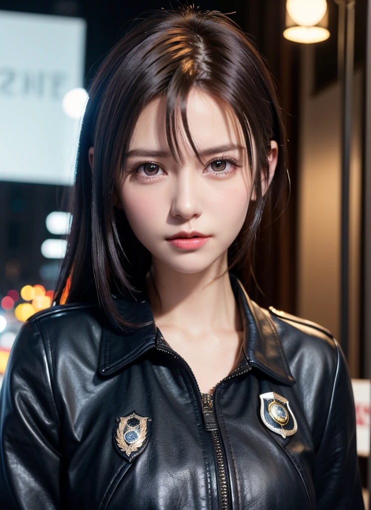 Portrait of Nuttorp as a beautiful female model, Georgia Fowler, Beautiful face, with short dark brown hair, in cyberpunk city at night. She is wearing a leather jacket, Black jeans, Dramatic Lighting, (police badge:1.2)