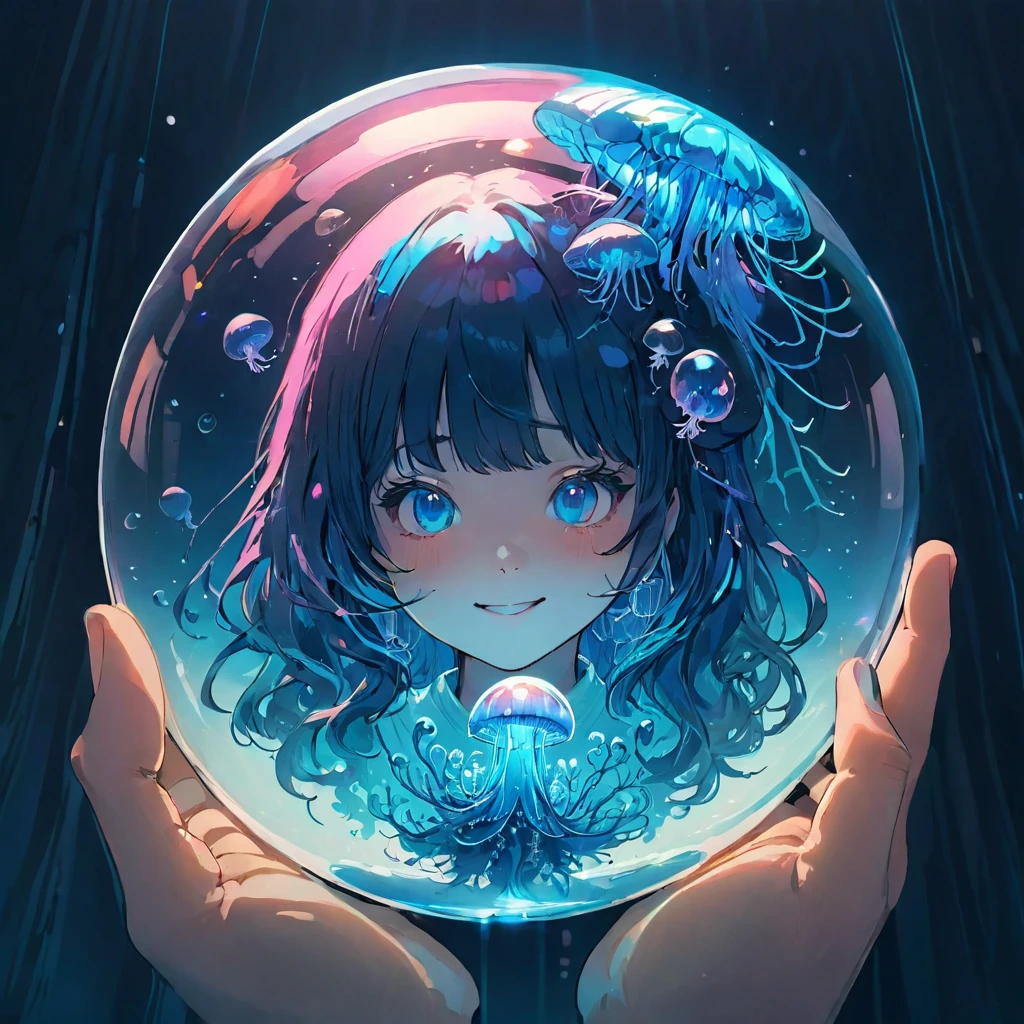 finely detailed illustration, vibrant color,High resolution、8k、pretty girl、One beautiful girl、happy smile、Perfect and detailed eye drawing、Highest quality、masterpiece、detailed eye and face, A person holding a glass ball with a jellyfish inside, Hologram by Beeple, Trending on CGSociety, magical realism, Cyberpunk Jellyfish, Cyberpunk Blue Lens Effect, Jellyfish Shrine Maiden, Digital Artレンダリング, Artem Demra Beeple, Spectacular concept art. Bokeh, Digital Art