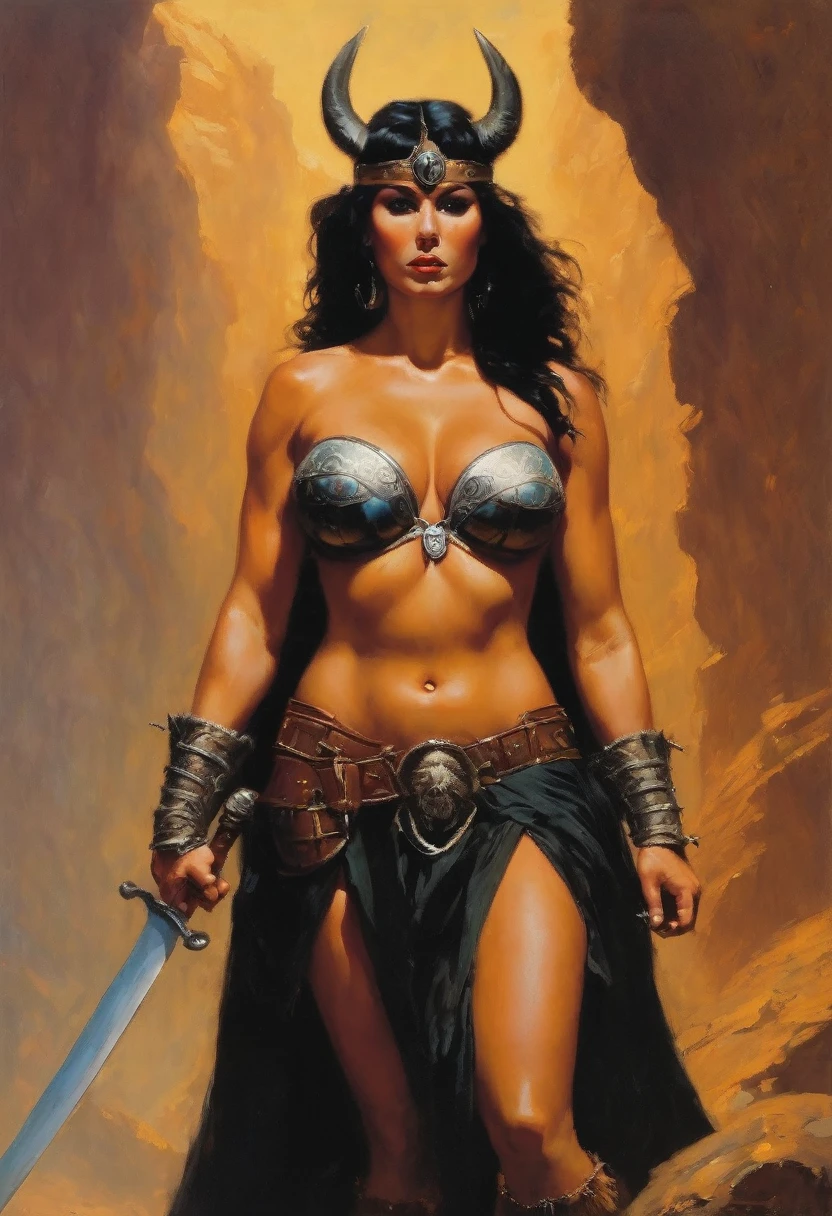 Curvy Monika Bellucci The Barbarian women black hair very big boob (painting of frank frazetta),(inspired by frank frazetta:1.2),fantasy theme,(oil painting)