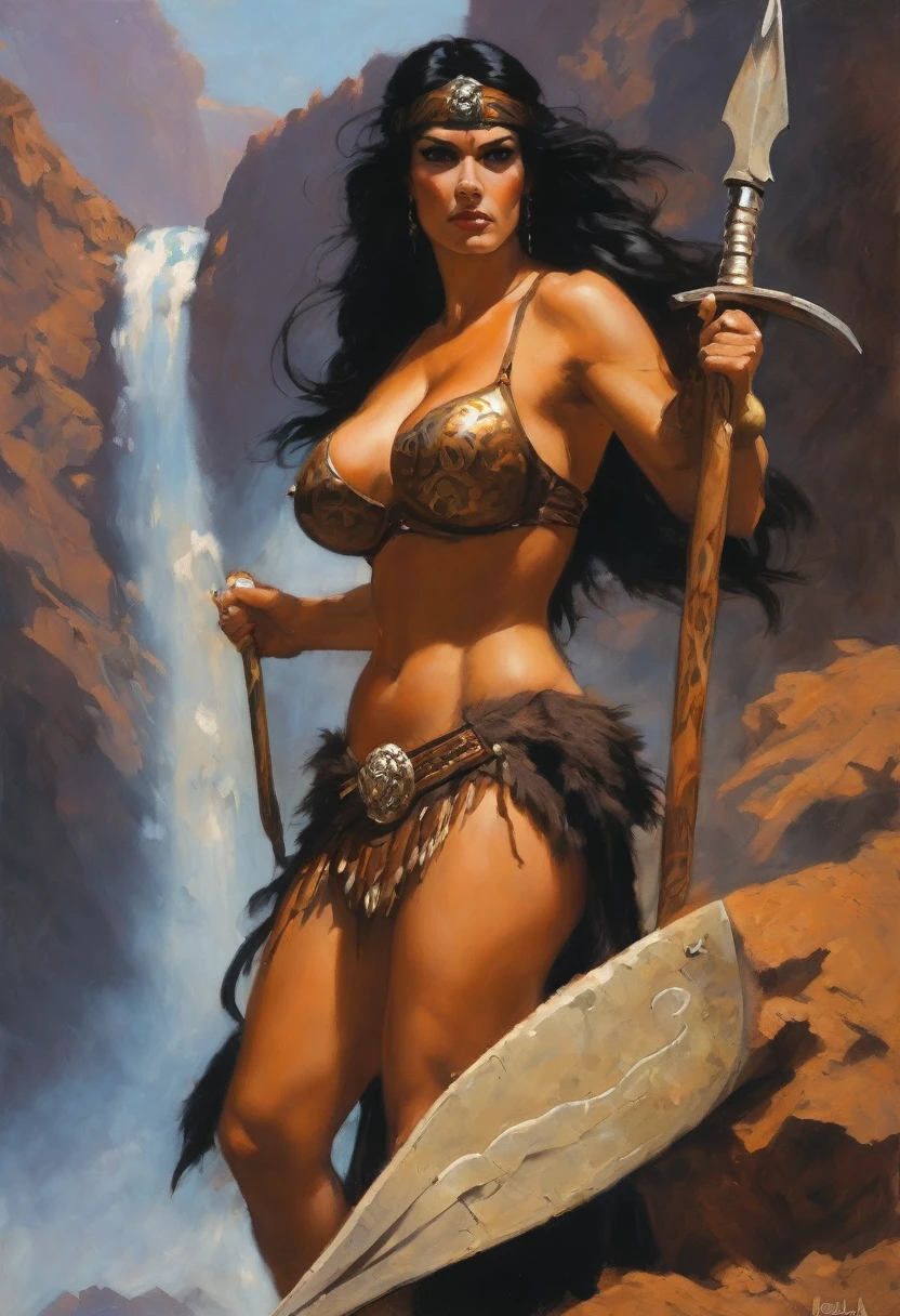 Curvy Monika Bellucci The Barbarian women black hair very big boob (painting of frank frazetta),(inspired by frank frazetta:1.2),fantasy theme,(oil painting)