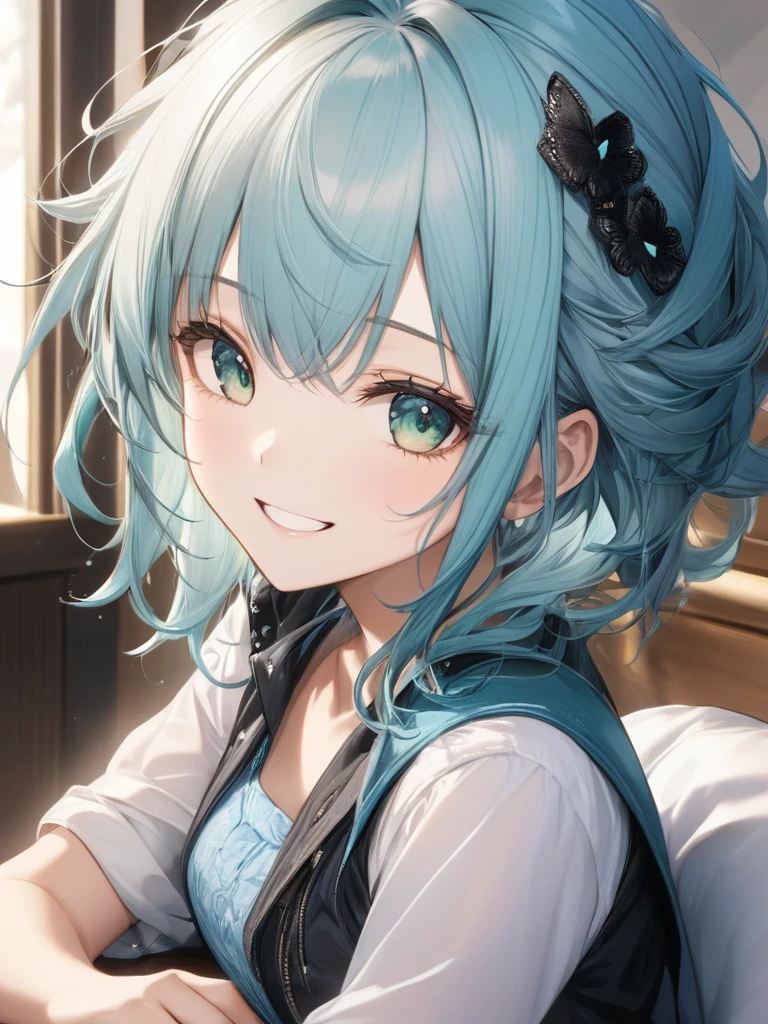 (masterpiece:1.2), (best quality),(ultra detailed),(extremely detailed),(absolutely resolution) ,absurdres,8K,
BREAK, 1girl, 独奏, Aqua hair, messy hair, grin, jitome,