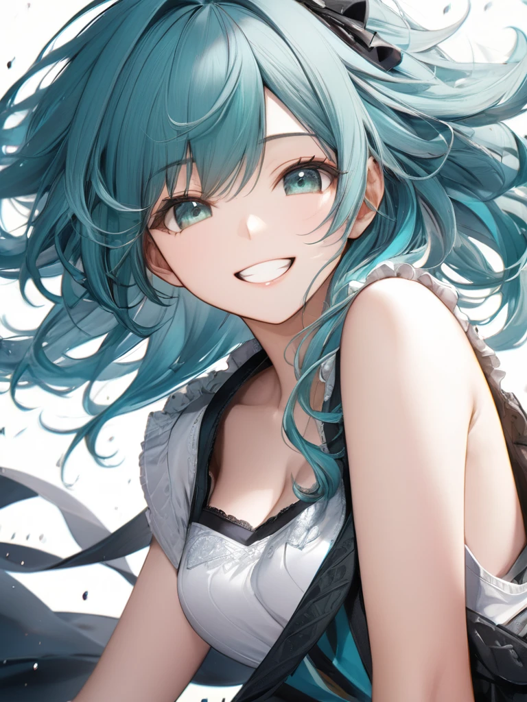 (masterpiece:1.2), (best quality),(ultra detailed),(extremely detailed),(absolutely resolution) ,absurdres,8K, 
BREAK, 1girl, 独奏, Aqua hair, messy hair, grin, jitome, 