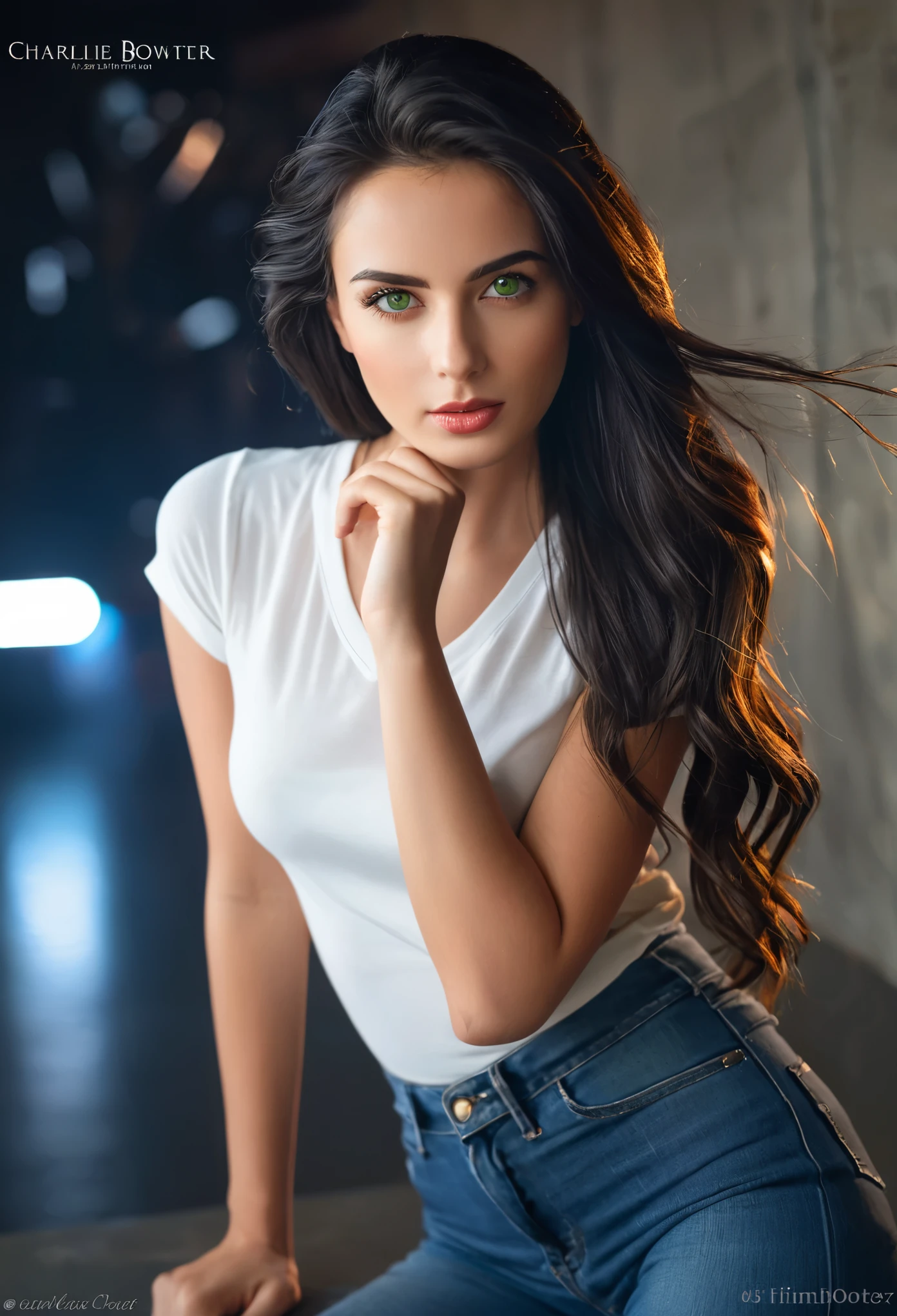Elegant women RAW photos, 26 years old, Europe, Bright green eyes, Black hair Blurred background, full body plane, Blue Jeans, White shirt, looking at the camera, Cinematic, The finer details, Realistic, Ultra-realistic photos, 8K Ultra HD, Digital SLR, Soft lighting, high quality, Film Grain, Fujifilm XT3, (masterpiece), a beautiful girl in the foreground, (She is half French, and is a stunning beauty with detailed eyes and a high nose:1.1), thick eyebrows, detailed facial features, long graceful neck, flowing locks of hair, poised and elegant posture, dreamy atmosphere, Surrealism, mystical aura, Charlie Bowater,