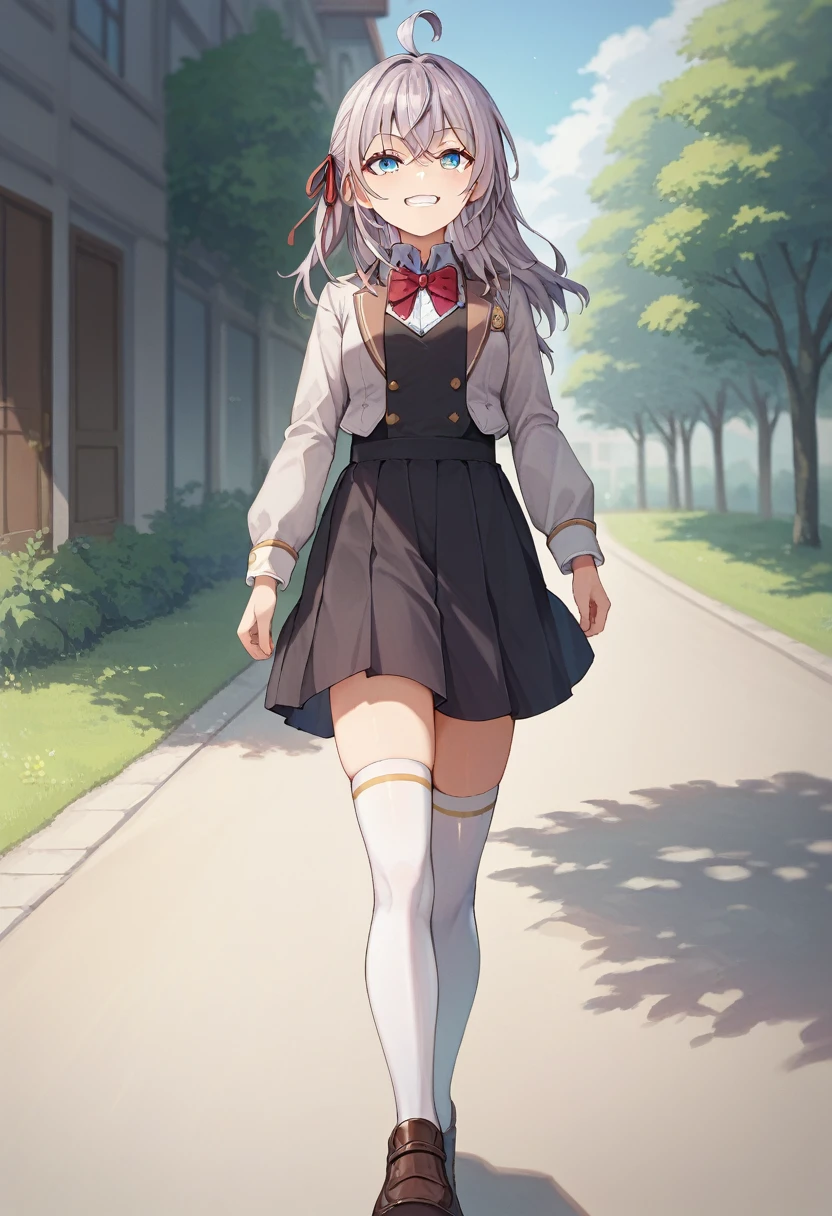 score_9, score_8_up, score_7_up, source_anime, 1girl, alya, grey hair, long hair, ahoge, hair ribbon, blue eyes, , bowtie, black skirt, white thighhighs, grin, looking at viewer, walking, pov, outdoors 