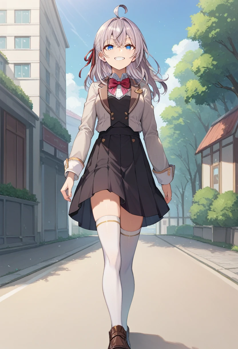 score_9, score_8_up, score_7_up, source_anime, 1girl, alya, grey hair, long hair, ahoge, hair ribbon, blue eyes, , bowtie, black skirt, white thighhighs, grin, looking at viewer, walking, pov, outdoors