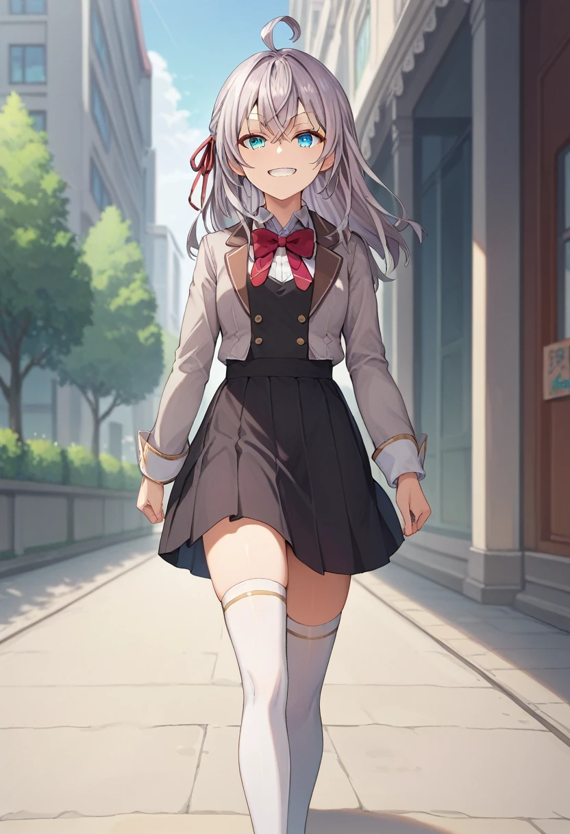 score_9, score_8_up, score_7_up, source_anime, 1girl, alya, grey hair, long hair, ahoge, hair ribbon, blue eyes, , bowtie, black skirt, white thighhighs, grin, looking at viewer, walking, pov, outdoors 