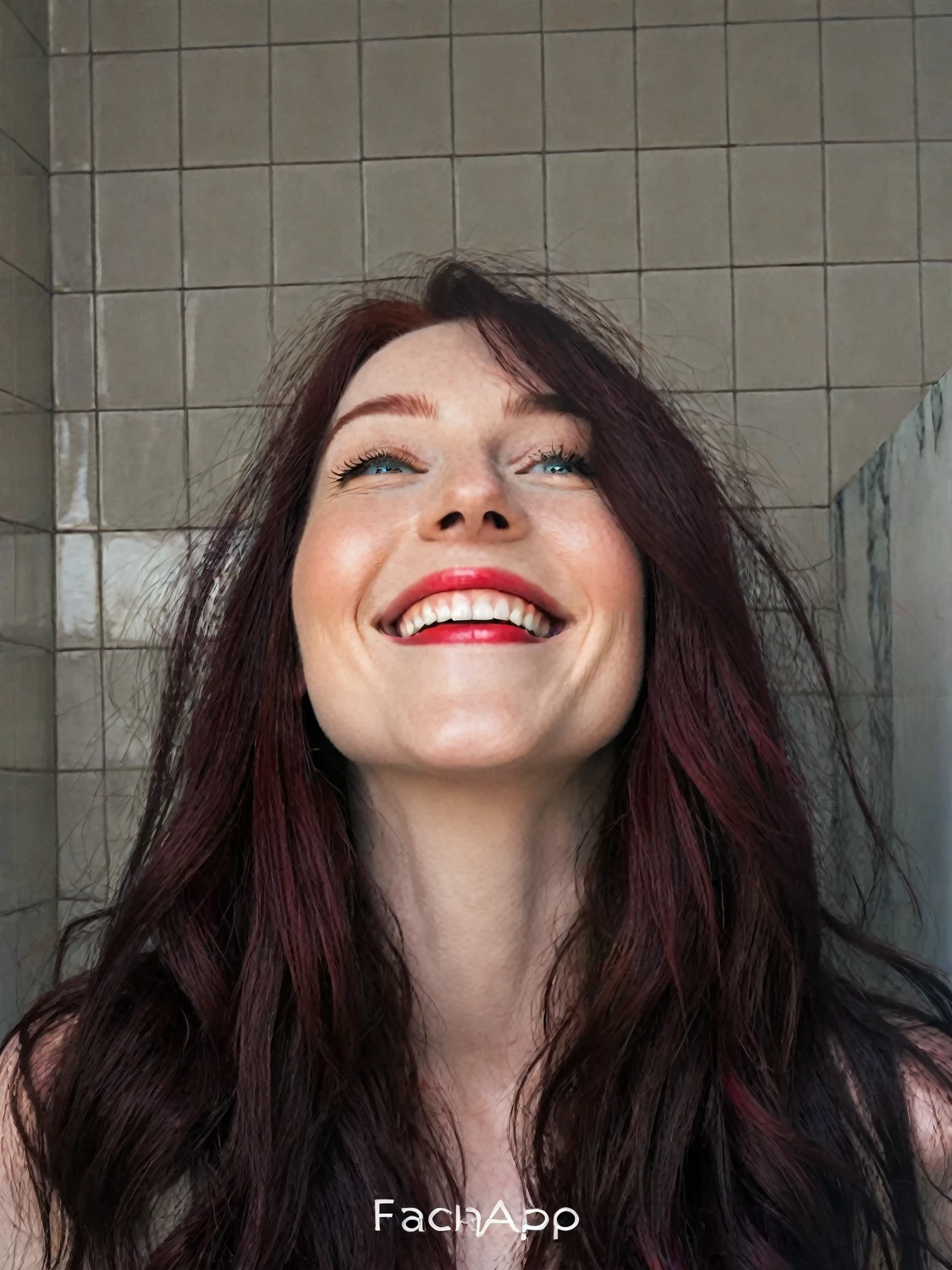 arafed woman with long dark hair and red hair, with pale skin, perfect smile, laughing, profile image, looking to the side off camera, high quality portrait, pale skin and dark eyes, color portrait, looking to the side, portrait image, sultry look, anastasia ovchinnikova, inspired by Jessie Alexandra Dick, headshot profile picture, tiffany dover