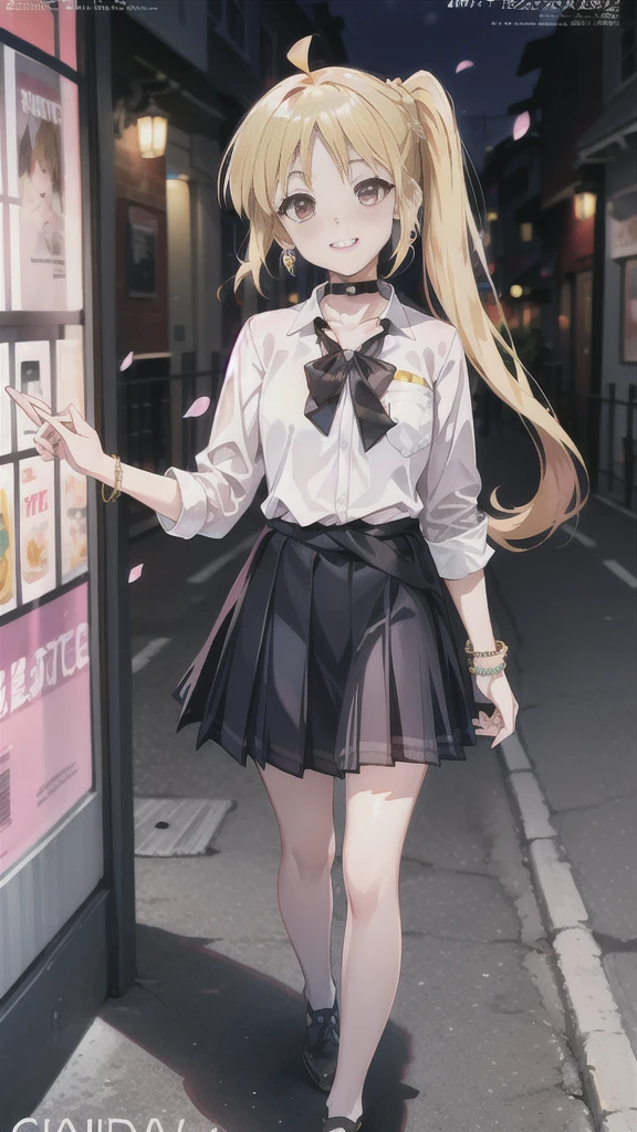 masterpiece, Highest quality, whole body, One girl, bangs, black choker, black tie, Blonde, blue skirt, blush, bracelet, chest, choker, clothes The surrounding area waist, clavicle, collared shirt, Cowboy Shot, dress shirt, ear Earrings, Eyebrows visible through hair, Gradient Hair, Grin, Improve, jewelry, Kogal, Long Hair, View your viewers, loose tie, tie, Earrings, Plaid, Plaid skirt, pleated skirt, Red eyes, ring, , shirt, skirt, smile, alone, white shirt, street, null, cherry blossoms, petal,figure, (magazine:1.3), (cover-style:1.3), fashionable, woman, Vibrant, Costume, Pause, front, colorful, dynamic, background, element, have confidence, Performance, Holding, statement, accessories, Majestic, Coiled, The surrounding area, touch, scene, article, cover, bold, to attract attention, title, stylish, font, Catchy, Heading, big, impressive, Modern, trend, concentrated, fashion,