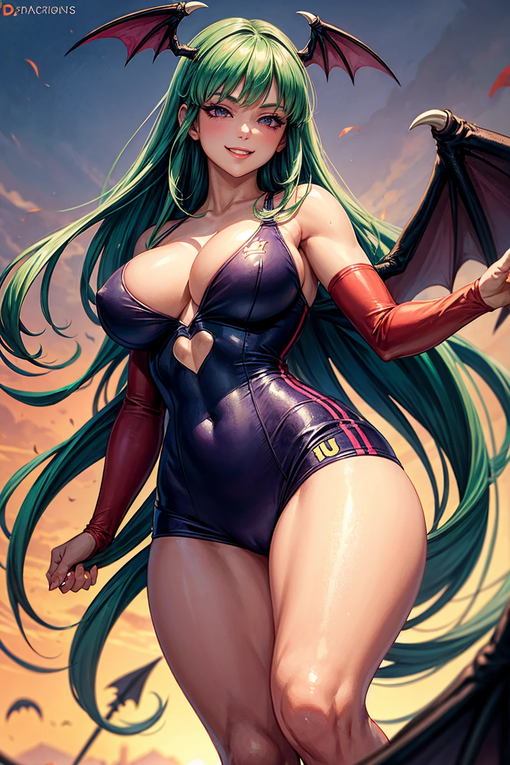 1girl, Morrigan_Aensland, beautiful face, pretty, green hair, long hair, straight hair, hair bang, straight hair bang, pink eyes, mature woman, mommy, big tits, demon, succubus, demon wings, head wings, smiling sadistically, thic thighs, soccer uniform, Spain soccer kit, soccer ball