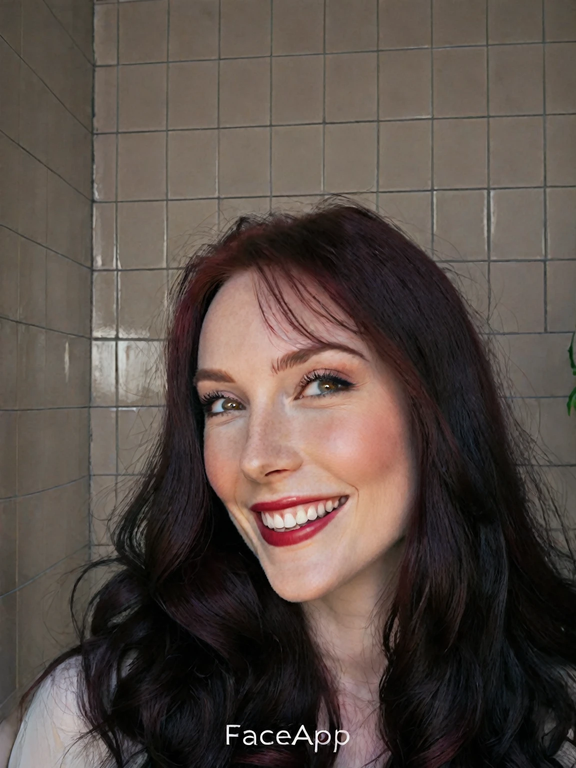 arafed woman with long dark hair and red hair, with pale skin, perfect smile, laughing, profile image, looking to the side off camera, high quality portrait, pale skin and dark eyes, color portrait, looking to the side, portrait image, sultry look, anastasia ovchinnikova, inspired by Jessie Alexandra Dick, headshot profile picture, tiffany dover
