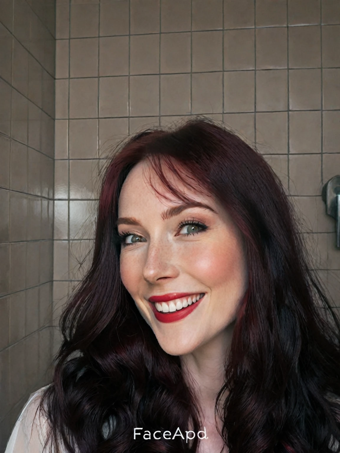 arafed woman with long dark hair and red hair, with pale skin, perfect smile, laughing, profile image, looking to the side off camera, high quality portrait, pale skin and dark eyes, color portrait, looking to the side, portrait image, sultry look, anastasia ovchinnikova, inspired by Jessie Alexandra Dick, headshot profile picture, tiffany dover