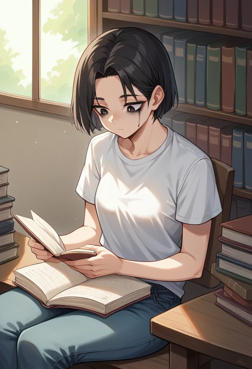 Woman with the following physical characteristics: height 165 cm, Skinny body, bust cup 34 B, black hair in butterfly cut, skin phototype 1, almond-shaped hazel eyes, refined nose, Natural makeup, appearance 18 years old, in a library with jeans and a t-shirt, sitting studying, No sensual, realist