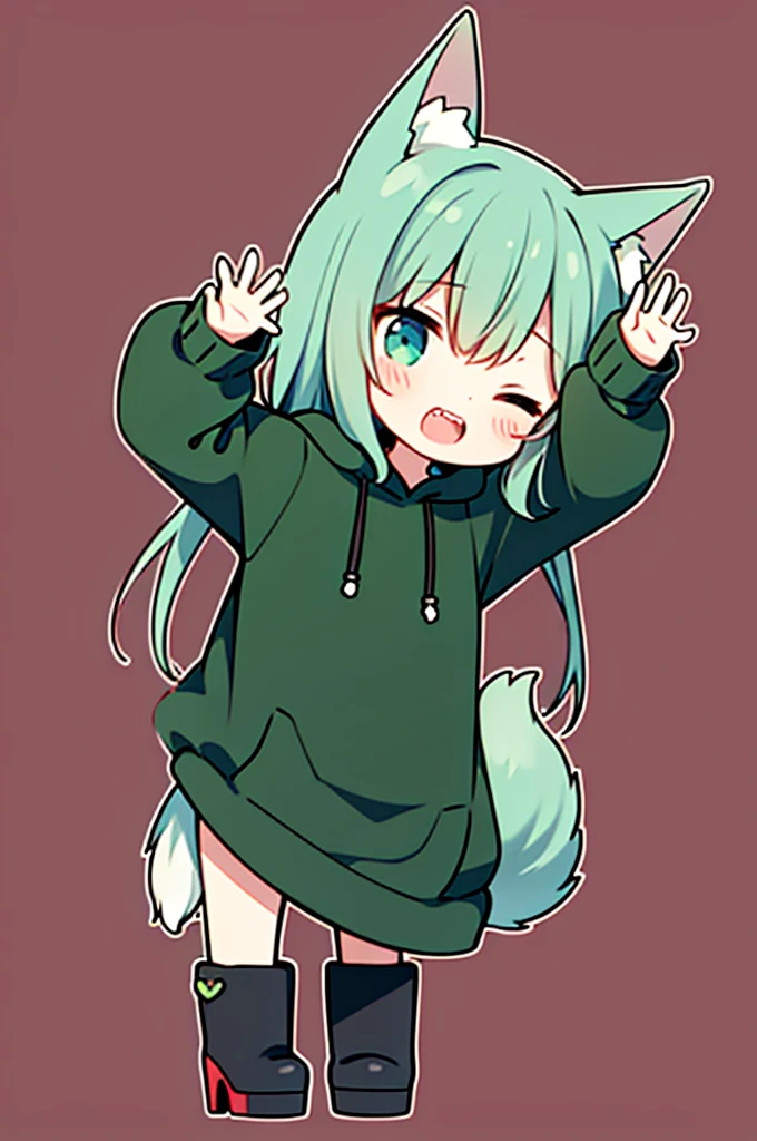 Cuteness in the style of illustrations,Shota,Wolf,An eye is a heart,green,Cute face,Open your mouth,Cat Pose,Double teeth,hoodie,boots,Platform heels