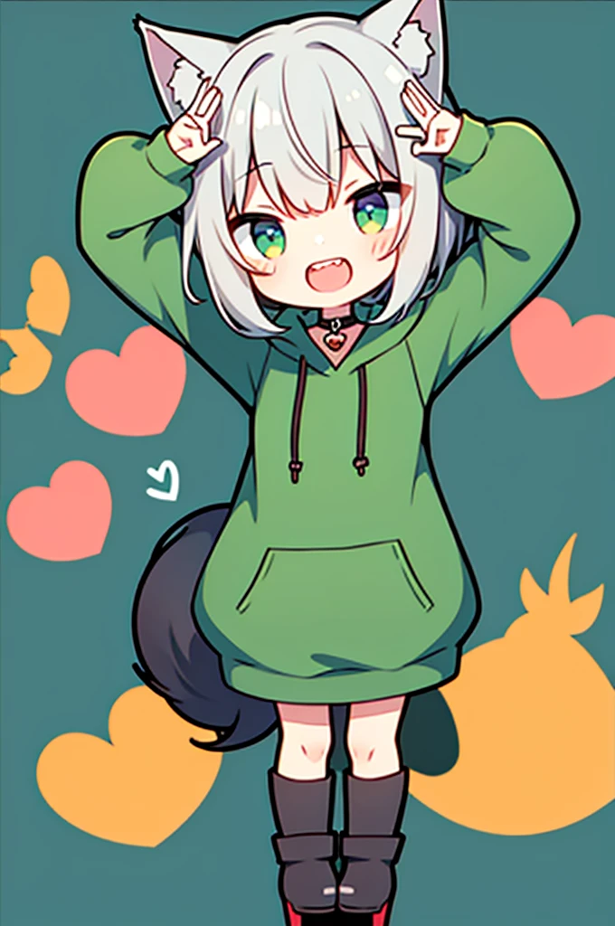 Cuteness in the style of illustrations,Shota,Wolf,An eye is a heart,green,Cute face,Open your mouth,Cat Pose,Double teeth,hoodie,boots,Platform heels