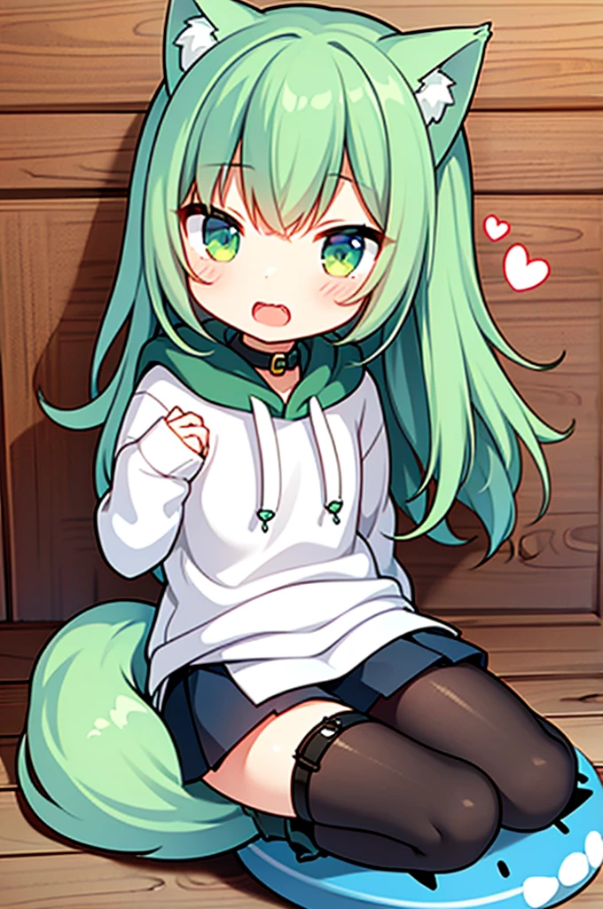 Cuteness in the style of illustrations,Shota,Wolf,An eye is a heart,green,Cute face,Open your mouth,Cat Pose,Double teeth,hoodie,boots,Platform heels