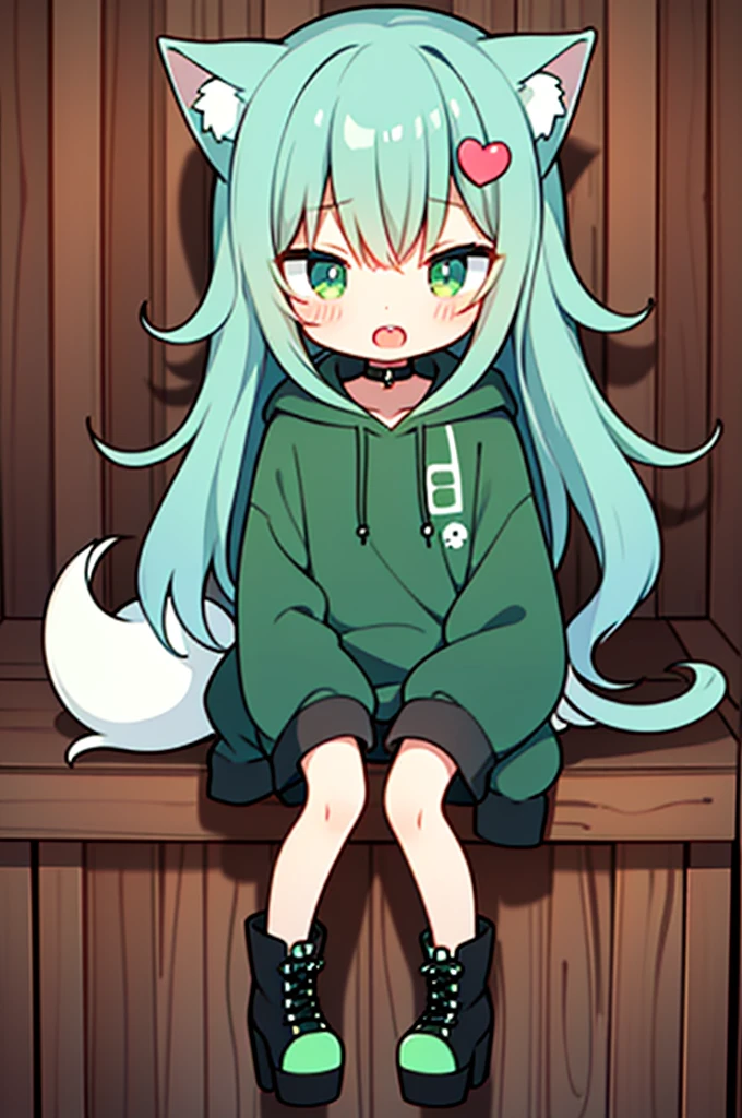 Cuteness in the style of illustrations,Shota,Wolf,An eye is a heart,green,Cute face,Open your mouth,Cat Pose,Double teeth,hoodie,boots,Platform heels
