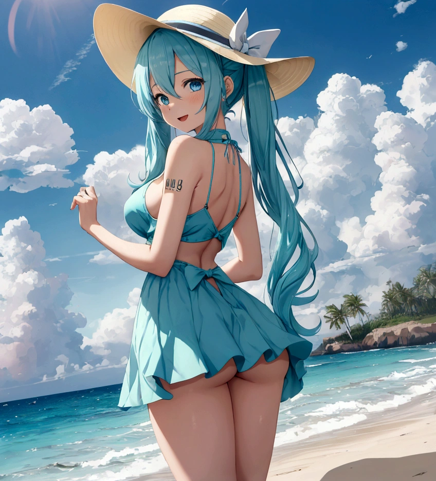 Hatsune Miku, 1girl, 19 years old, large breasts, triple D cup breasts, round buttocks, bubbly buttocks, wide hips, bubbly ass, fit and strong, slender body, aqua eyes, aqua hair, balloon, bangs, bare arms, bare legs, bare shoulders, barefoot, beach, blue eyes, blue hair, blue sky, bow, cloud, day, dress, from behind, full body, hair between eyes, hand on headwear, hat, long hair, looking at viewer, looking back, ocean, open mouth, outdoors, sand, skirt hold, sky, smile, solo, standing, sun hat, sundress, twintails, very long hair,