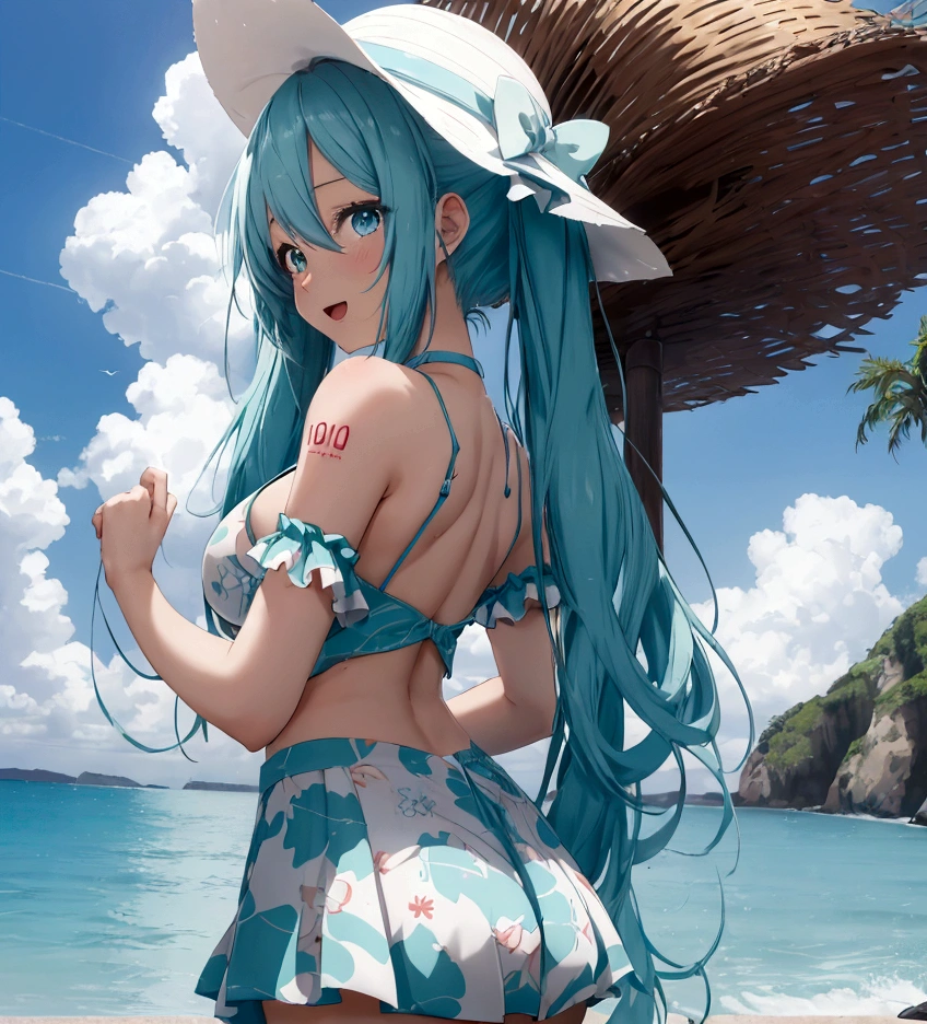 Hatsune Miku, 1girl, 19 years old, large breasts, triple D cup breasts, round buttocks, bubbly buttocks, wide hips, bubbly ass, fit and strong, slender body, aqua eyes, aqua hair, balloon, bangs, bare arms, bare legs, bare shoulders, barefoot, beach, blue eyes, blue hair, blue sky, bow, cloud, day, dress, from behind, full body, hair between eyes, hand on headwear, hat, long hair, looking at viewer, looking back, ocean, open mouth, outdoors, sand, skirt hold, sky, smile, solo, standing, sun hat, sundress, twintails, very long hair,