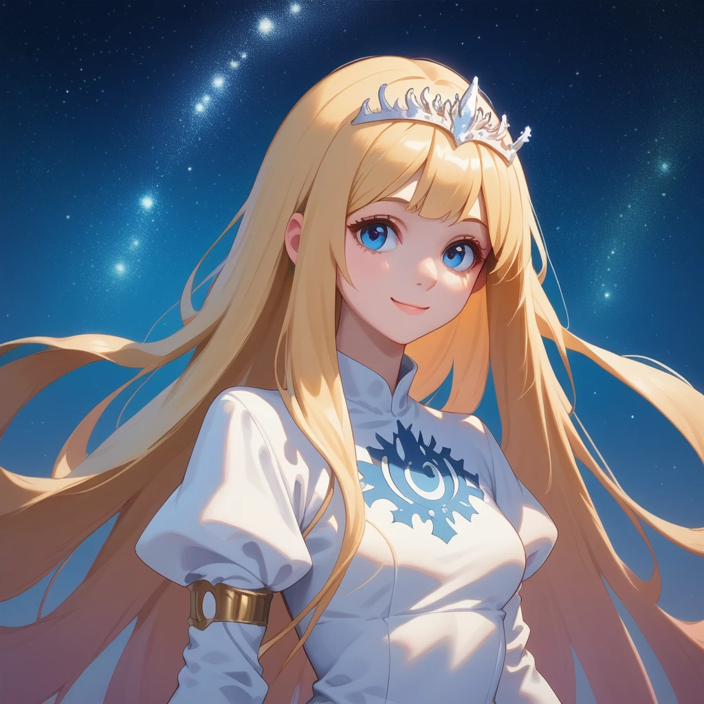 score_9, score_8_up, score_7_up, score_6_up, score_5_up, score_4_up, rating_safe, , upper body, lslight smile, dark sky,starry night, ,1girl,solo, calca, blonde hair, ,( extremely long hair:1.3), very long hair, extra long hair, white tiara, white dress, blue eyes,Calca Bessarez, medium breast,Calca