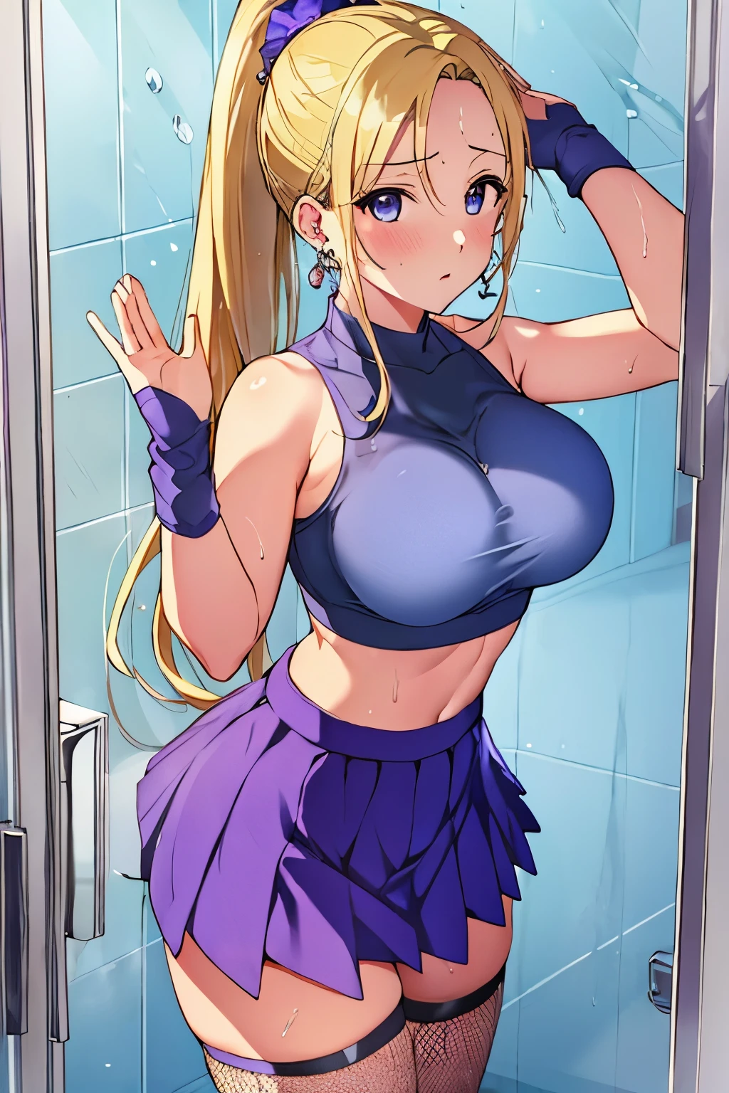 Behind the frosted glass, bathroom_glass_door,masterpiece, best quality, breasts_on_glass,1girl, fit body, wet semi-transparent clothes, sweat, breasts on windows, drop of water, breasts squeezed by glass,yamanaka_ino, naruto_(series), naruto_shippuuden, blonde_hair, long_hair, high_ponytail, hair_over_one_eye, blue_eyes,large_breasts,  bare_shoulders, midriff, purple_crop_top, earrings, Fishnet elbow pads, jewelry, purple_skirt, Fishnet stockings,floating_hair